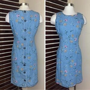 1990s Vintage Blue Denim Jean Floral Sleeveless Button Back Closure Mini Dress